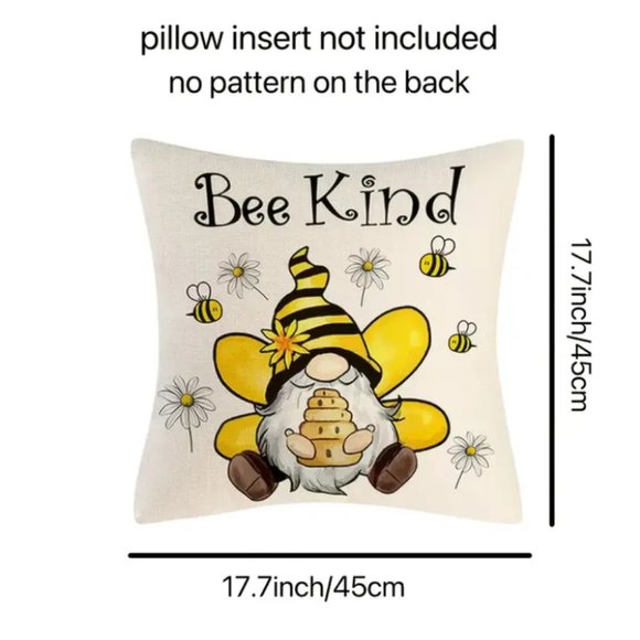 NEW "BEE KIND" GNOME DAISIES BEES POLYESTER DECORATIVE PILLOW COVER DECOR 17.7" - Picture 2 of 3